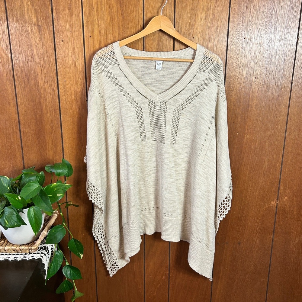 Chicos Knit Poncho Sweater V Neck Crochet Trim Beige S M